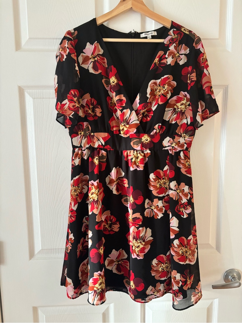 Madewell Black Floral Mini Dress with Red and Pink Blossoms